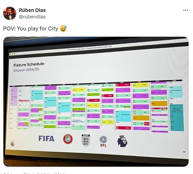 Диас поделился скриншотом дневника «Сити» с матчами в различных соревнованиях, отмеченными цветами
